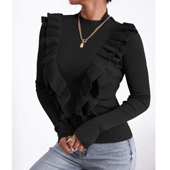Classic Black Ribbed Fitted Ruffle Detail Long Sleeve Sweater - Picture 3 of 5